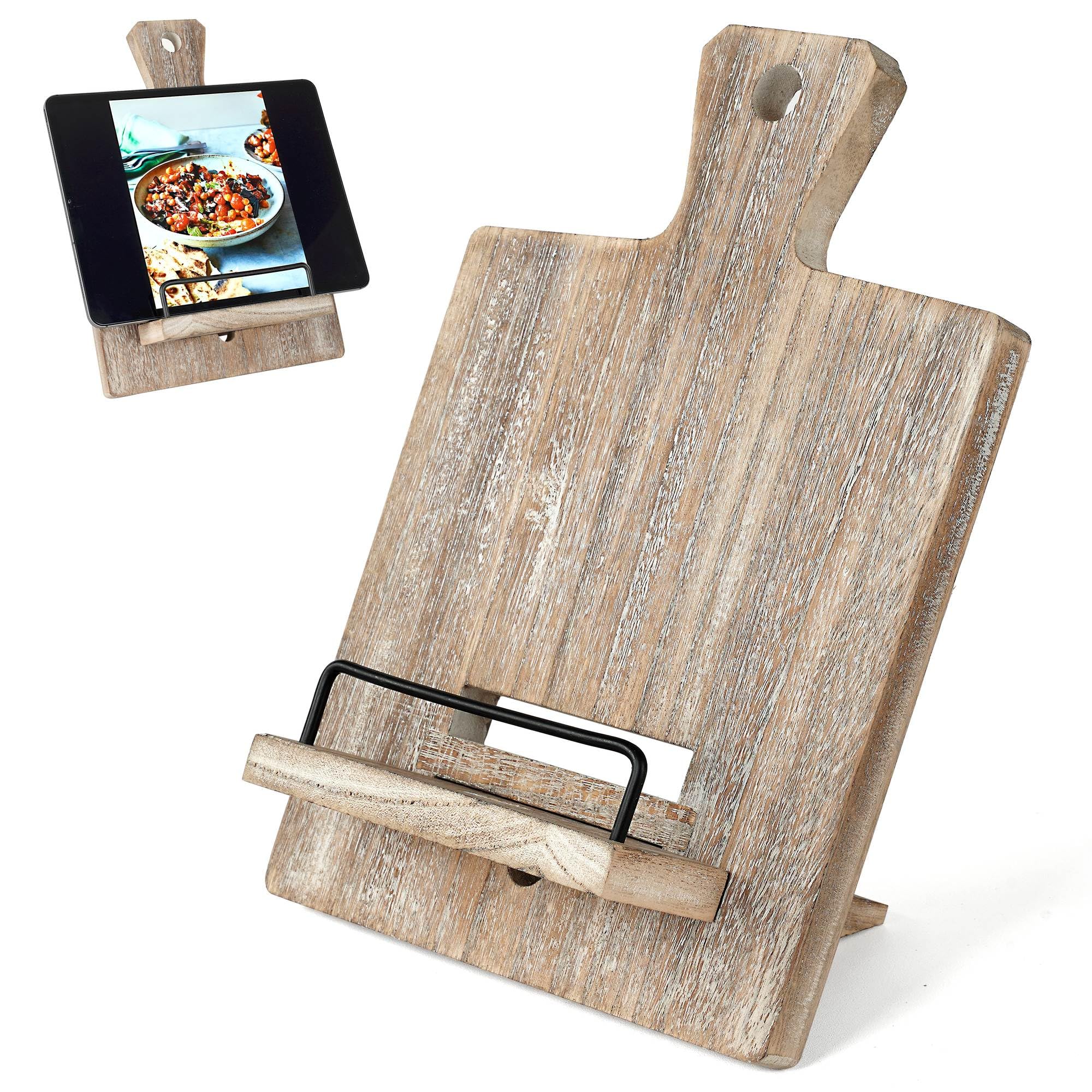 Adjustable Wooden Cookbook Stand - Rustic Farmhouse Recipe Holder for Kitchen Countertop | Perfect for Cooking, Baking & Reading Recipes (Gray)