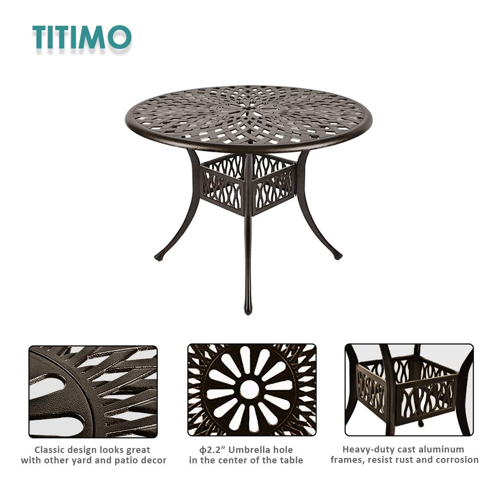 TITIMO 5-Piece Outdoor Patio Dining Set - All-Weather Cast Aluminum Furniture with 4 Chairs & 1 Round Table | Umbrella Hole, Lattice Weave Design | Perfect for Garden, Deck, Backyard & Poolside Dining