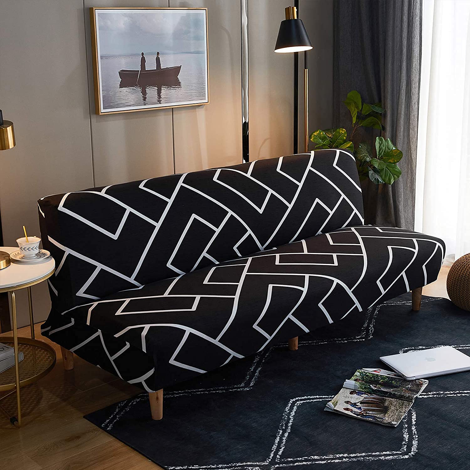 LiveGo Armless Futon Slipcover - Stretchable Folding Sofa Bed Cover with Elastic Bottom, Printed Fitted Couch Protector for Pets & Kids - Perfect for Living Room, Dorm, or Guest Room