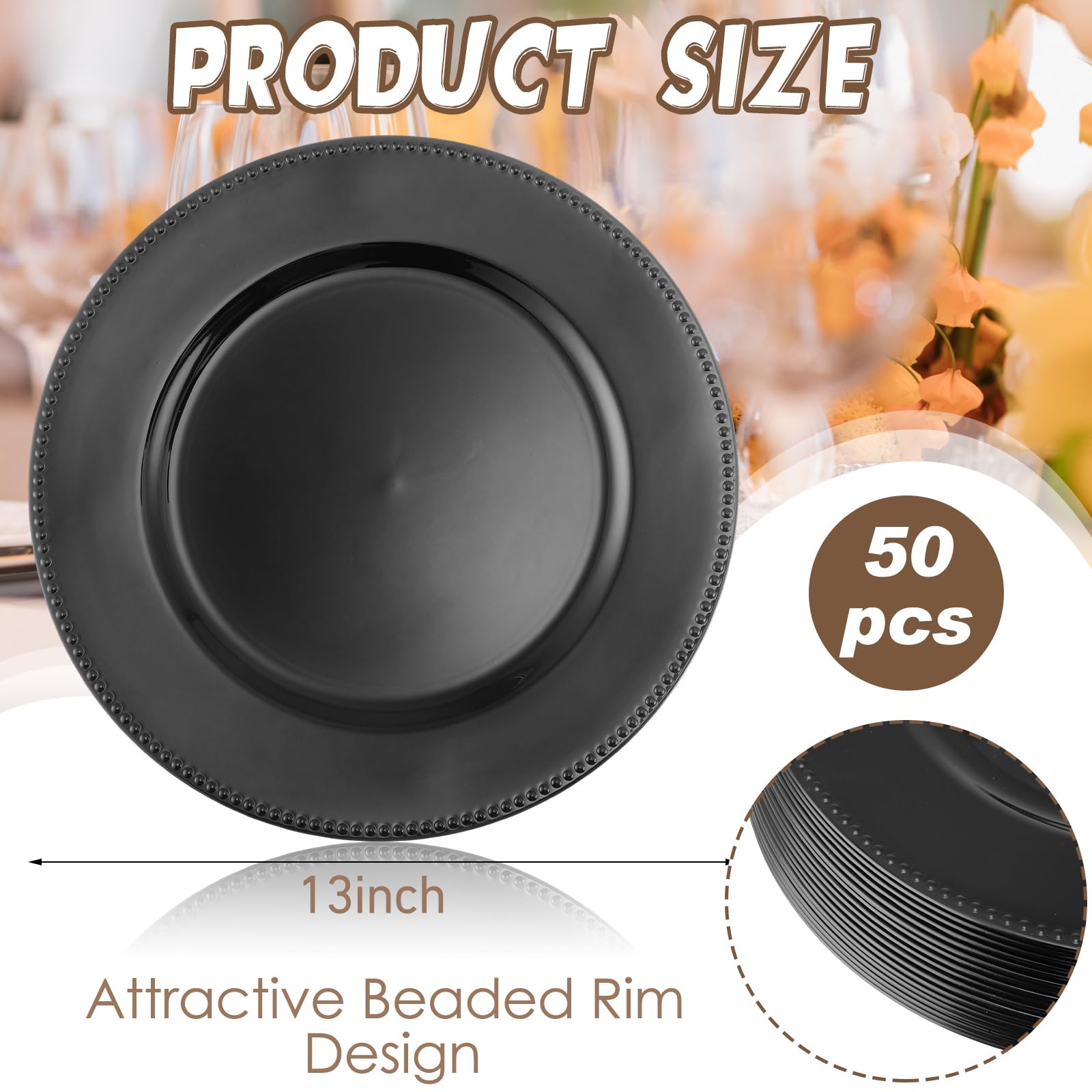 Dandat 50-Pack 13-Inch Plastic Round Charger Plates with Beaded Rim - Reusable Decorative Dinner Plates for Wedding, Party & Formal Events - Elegant Black Table Setting for Banquets, Catering & Home Dining