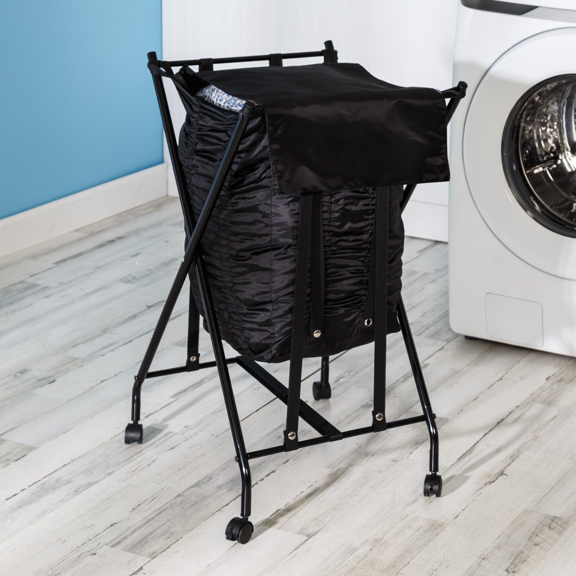 Honey-Can-Do Single Bounce Back Hamper with Wheels & Lid - No Bend Laundry Basket, 50 lbs Capacity, Black (HMP-09224) - Perfect for Bedroom, Bathroom, or Laundry Room Organization