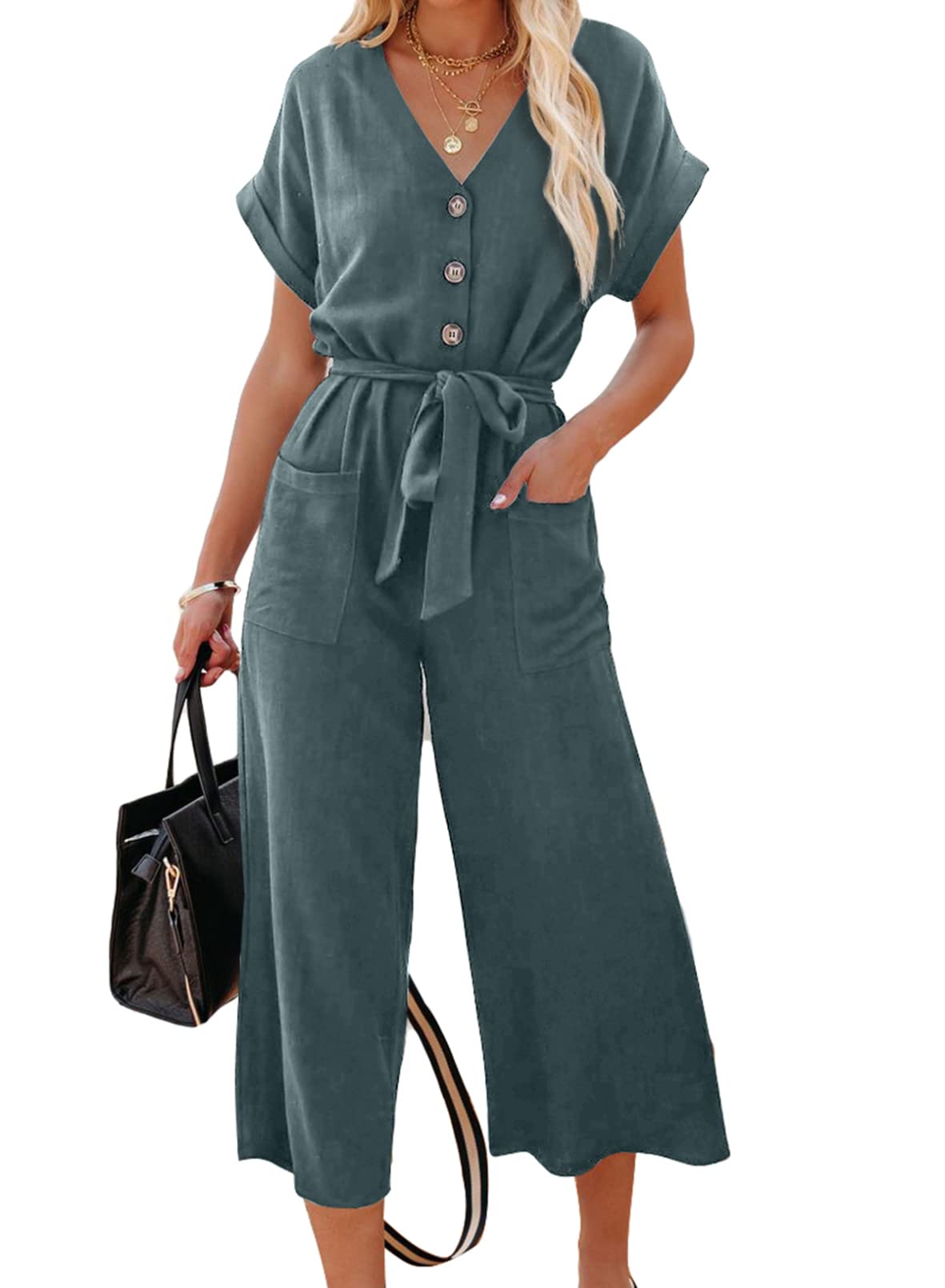Acelitt Women's Casual V-Neck Short Sleeve Button Belted Wide Leg Jumpsuit - S to XXL - Perfect for Summer Outfits, Beach Wear & Casual Office Attire