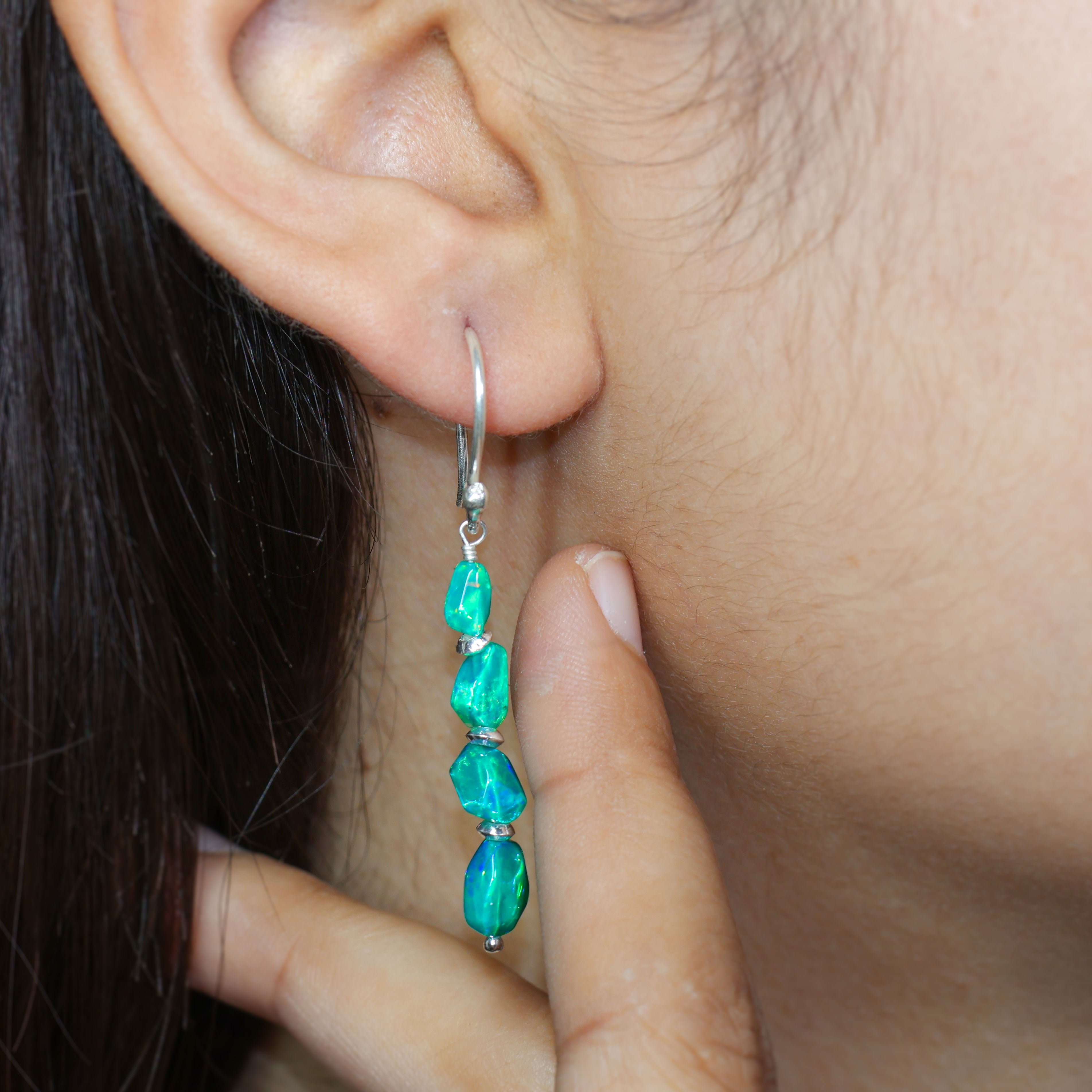 Natural Green Opal Tumbled Bead Linear Dangle Earrings - Handmade Boho Chic Jewelry for Women, Gift for Her | Perfect for Parties, Weddings & Everyday Wear