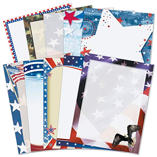 Premium Patriotic Stationery Set - 100 Sheets of Red, White & Blue Flag Star Border Paper (8.5x11) for Letters, Invitations & Office Decor | Elegant Camo Theme Writing & Printer Paper for 4th of July, Memorial Day & Patriotic Events