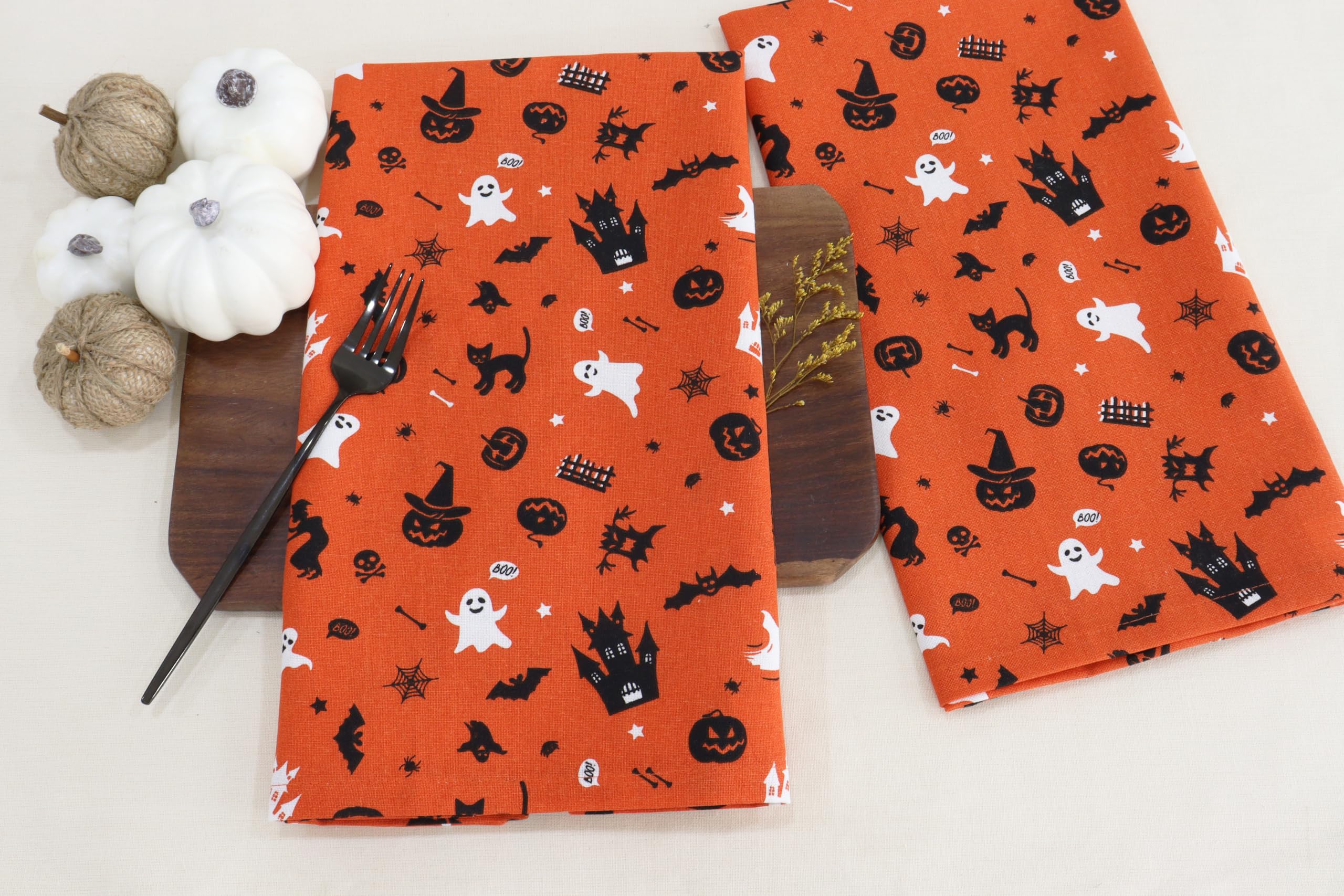 PurpleEssences Cotton Kitchen Towels - Set of 2 Absorbent Halloween Dish Towels (16x28 Inch) for Cleaning, Drying & Decor - Haunted House Themed Multi-Purpose Hand Towels - Perfect for Halloween Parties, Kitchen Decor & Spooky Home Accents