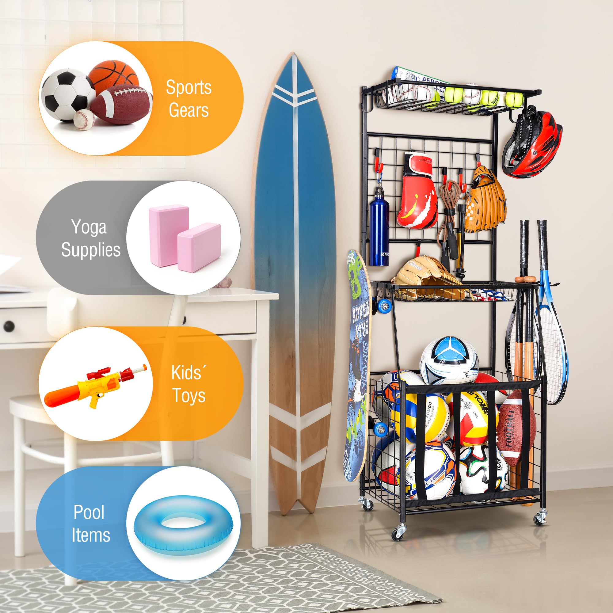 PLKOW Steel Ball Storage Rack - Heavy Duty Garage Organizer for Sports Equipment, Toys & Gear - Space Saving Black Storage Solution for Basketballs, Soccer Balls, Footballs & More - Perfect for Garage, Basement & Playroom Organization