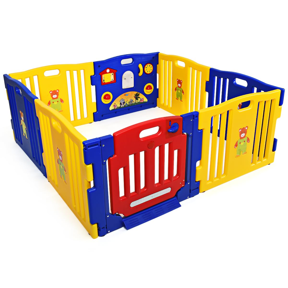 GYMAX Kids Play Fence with Gate & Lock - Durable Plastic Playpen, Foldable & Expandable Design, Non-Slip Suction Cups for Indoor Safety - Perfect for Toddlers, Home, Daycare & Kindergarten Play Areas