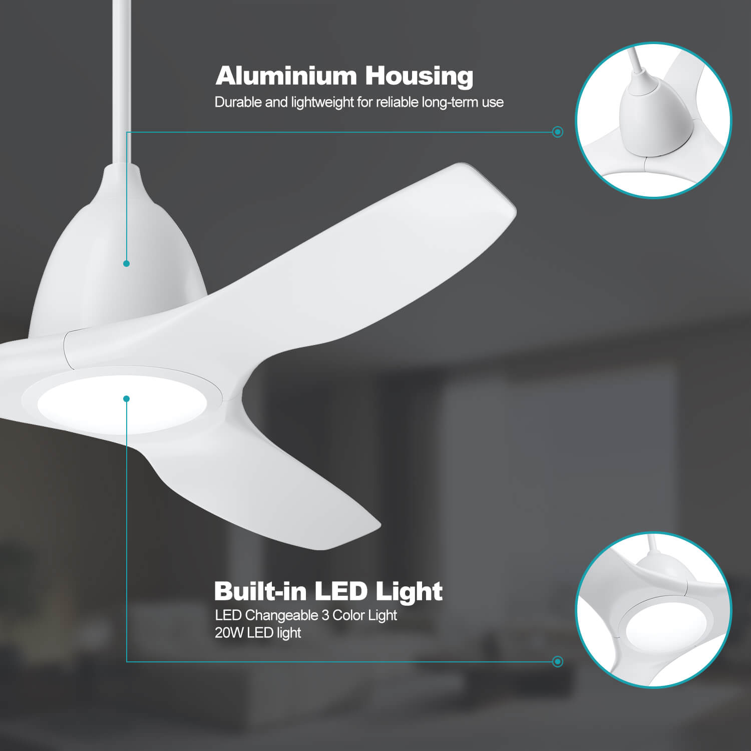 White 63-Inch 3-Blade Ceiling Fan with Remote Control, 3-Color LED Light & DC Motor - Perfect for Living Room, Bedroom, and Patio Cooling