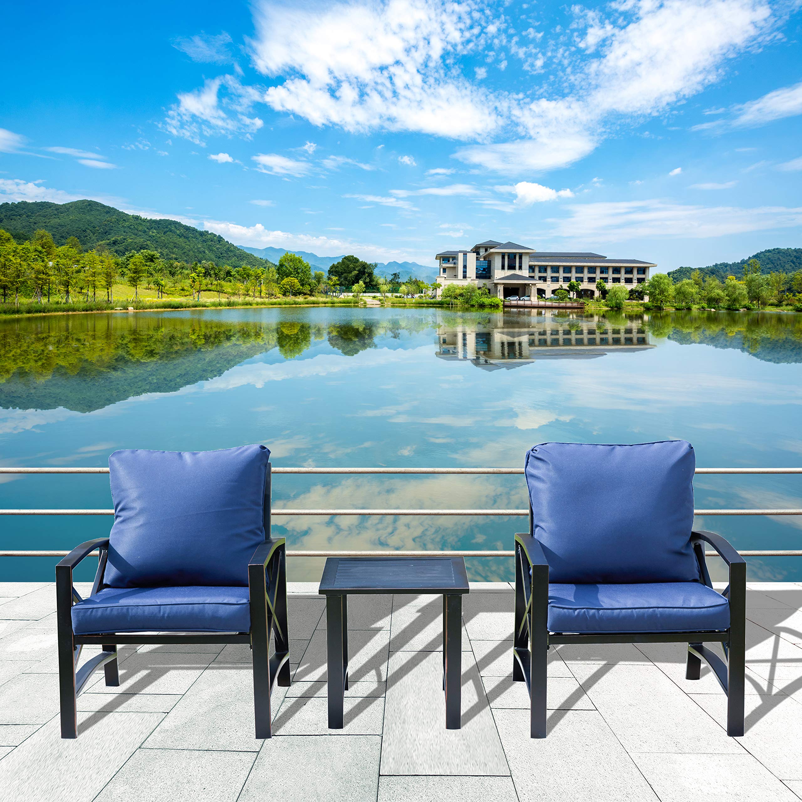 LOKATSE HOME 3-Piece Outdoor Patio Furniture Set - Metal Bistro Chairs with Cushions & Table in Blue | Perfect for Garden, Backyard, Poolside & Balcony Relaxation