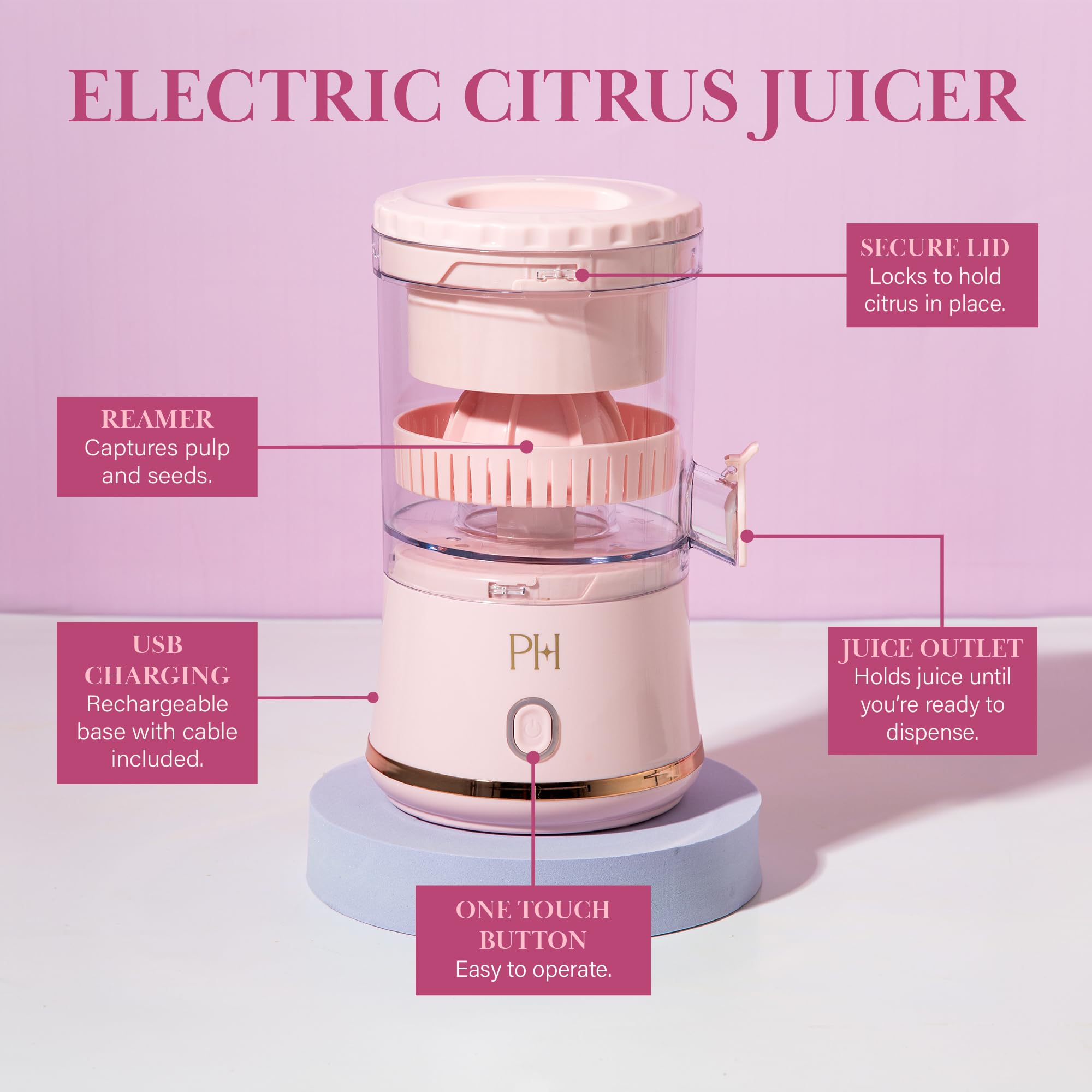 Paris Hilton Electric Citrus Juicer - Mini Portable USB Rechargeable Cordless Juicer with One-Touch Button for Lemon, Lime & Orange - Compact Pink Juicer for Kitchen, Office & Travel