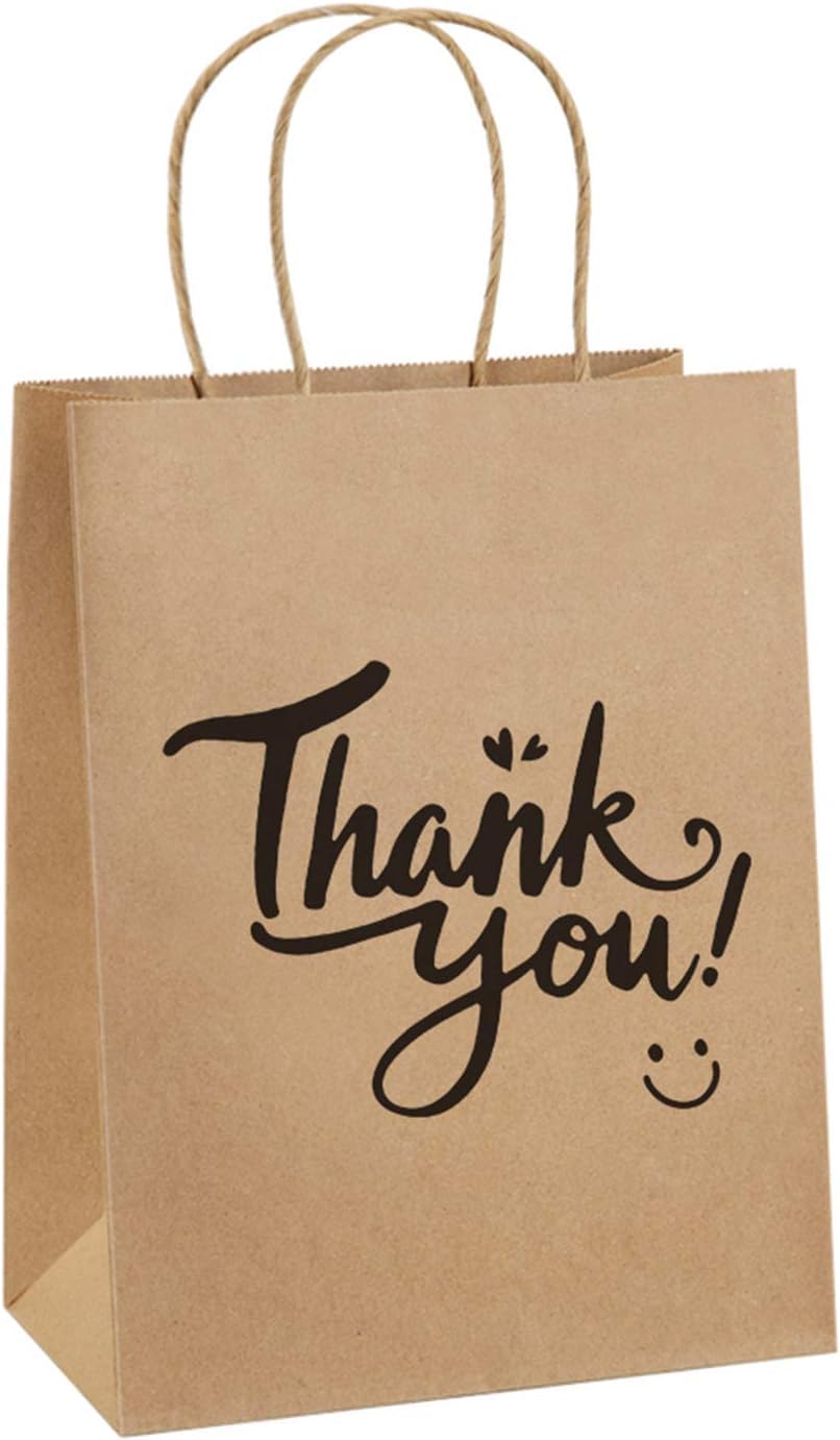 Keh k Lo 8x4x10 Pack of 20 Brown Thank You Paper Bags with Handles - Recyclable Shopping Bags, Party Favors, Gift Bags for Weddings, Birthday Parties & Retail Packaging | Eco-Friendly & Versatile