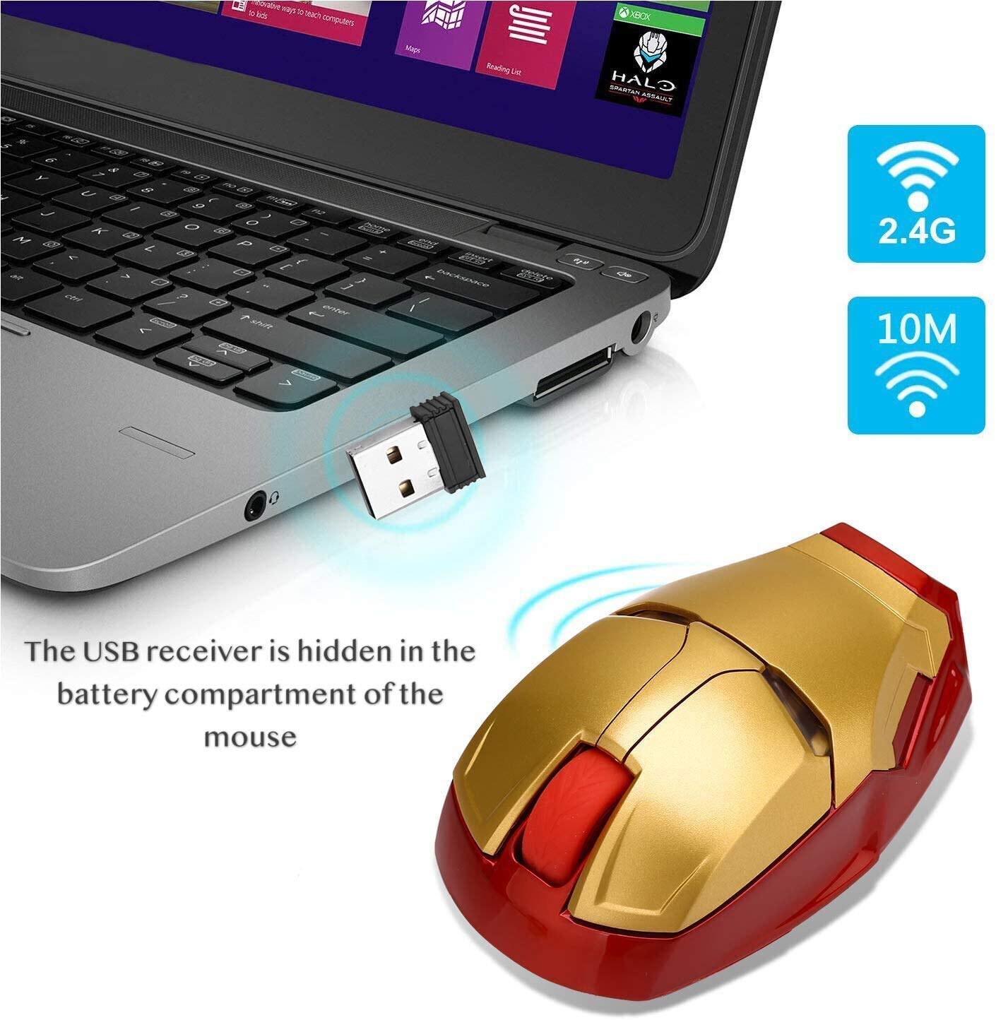 Mikayoo Ergonomic Wireless Mouse - Iron Man Design, 2.4G Portable Mouse with USB Nano Receiver for PC, Laptop, MacBook, Long Range up to 50 ft, Ideal for Office, Gaming, and Travel