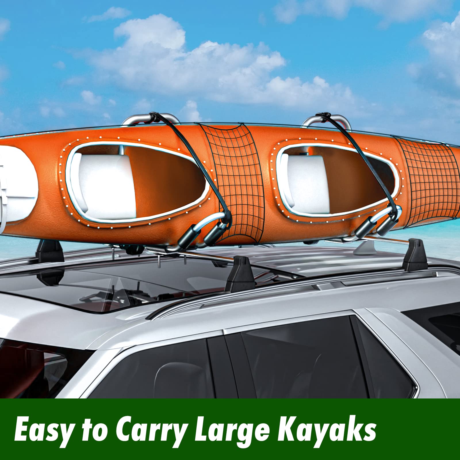 Foldable Aluminum J Bar Kayak Roof Rack - Universal Car Top Carrier for Kayaks, Canoes & SUPs - Includes 2 Heavy-Duty Tie Down Straps - Perfect for Road Trips, Camping & Water Sports Adventures