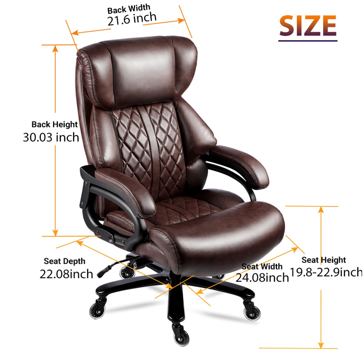 500lbs Heavy Duty Big and Tall Office Chair - Extra Wide Executive Desk Chair with Adjustable Lumbar Support for Home & Office Use - Ergonomic Computer Chair for Heavy People (Brown) - Perfect for Long Work Hours, Gaming, and Conference Rooms