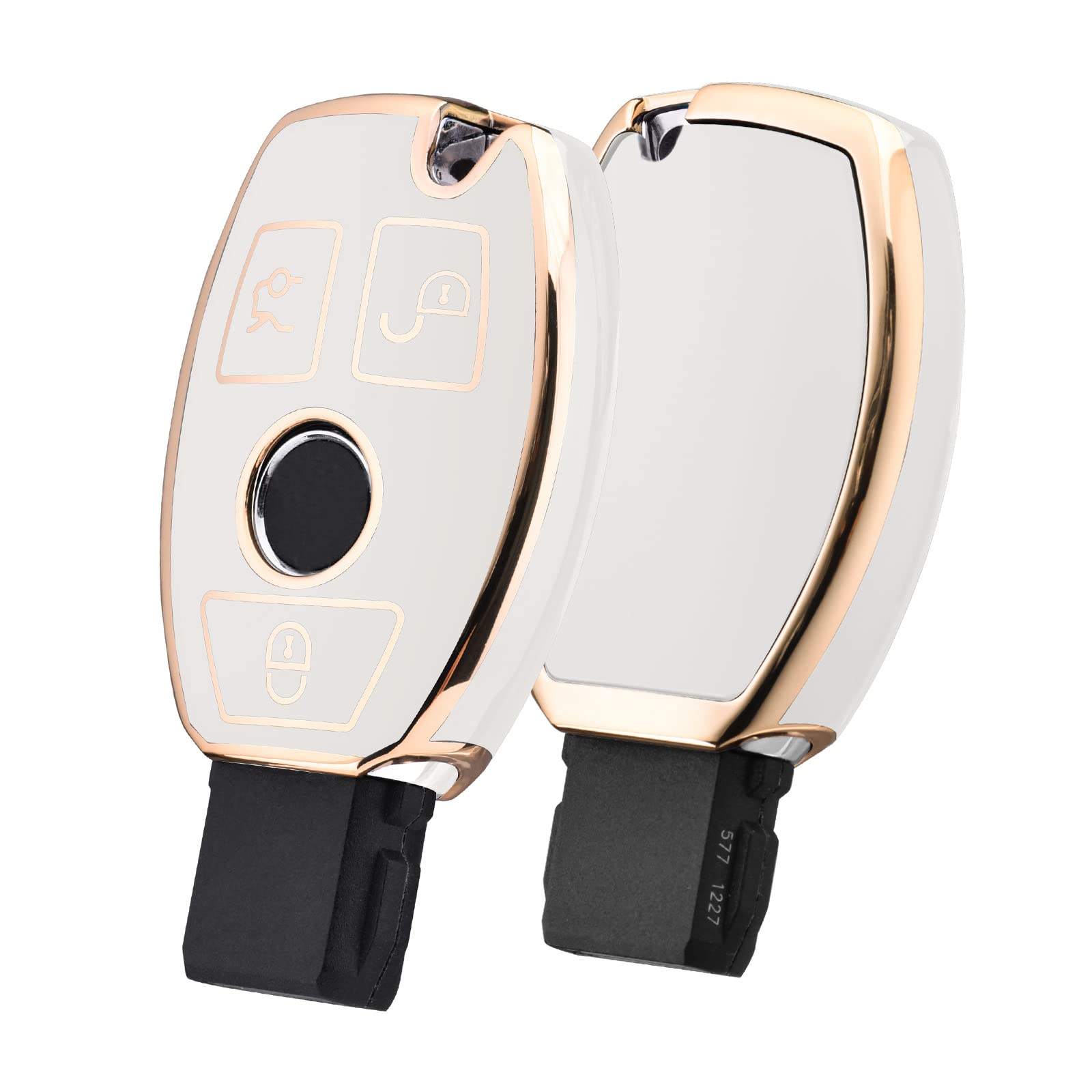 Premium Soft TPU Key Fob Cover for Mercedes Benz C/E/S/M/CLS/CLK/G Class - Gold Edge White Protective Case for Keyless Smart Key | Durable & Stylish Car Accessory for Everyday Use & Gift Giving