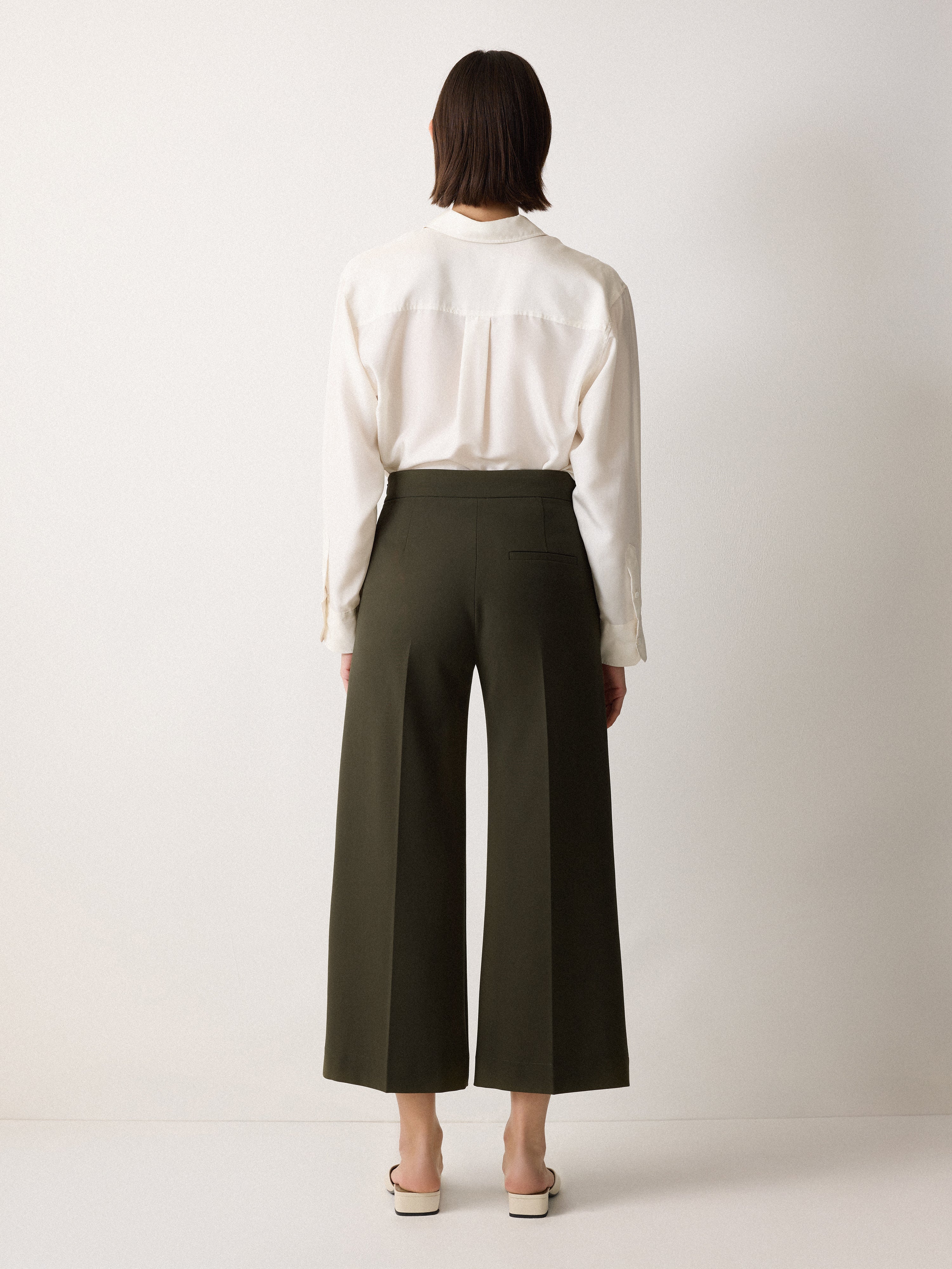 Italian Modern Crepe Sailor Pants for Women - High Waisted Wide Leg Trousers in Dark Olive | Office Wear, Business Casual & Evening Outfits