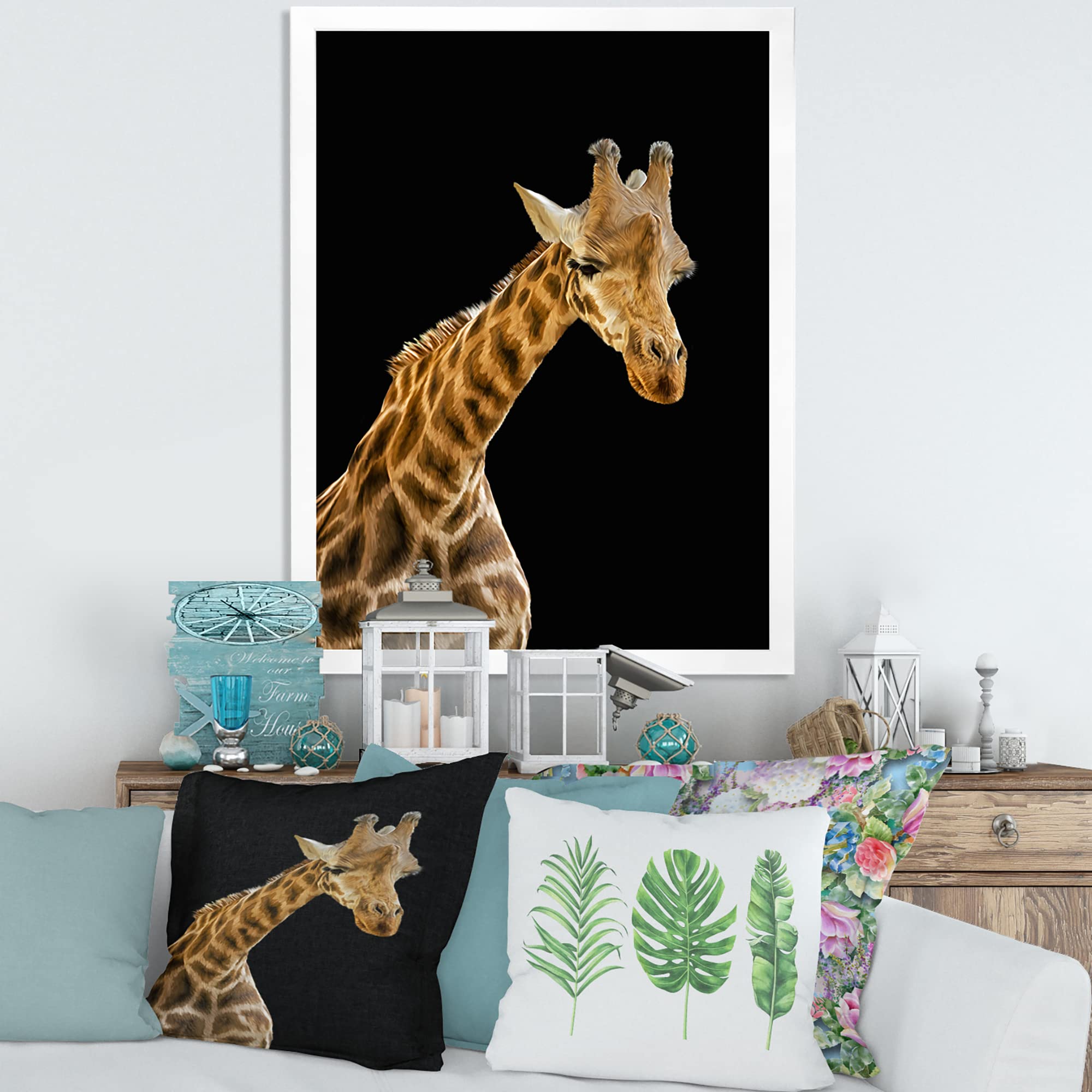 DesignQ Giraffe Portrait VI - Farmhouse Framed Wall Art Decor for Living Room, Bedroom & Office - Rustic Animal Painting Home Decor