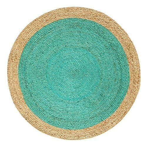 Handmade Natural Jute Round Area Rug - 11x11 Feet Farmhouse Braided Carpet for Living Room, Bedroom, Kitchen | Indoor & Outdoor Use | Boho Home Decor & Cozy Floor Mat (Turquoise)