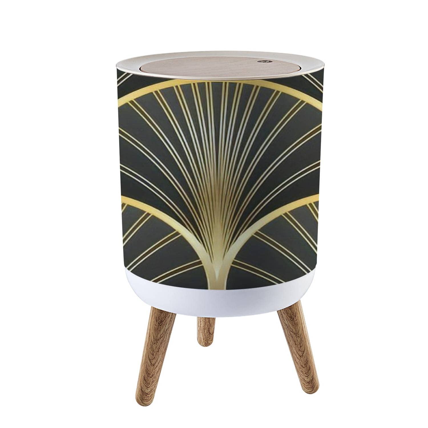 Art Deco Small Trash Can with Lid - Seamless Geometric Decorative Wood Waste Bin, 8.66x14.3 Inch Round Garbage Bin with Press Cover for Bathroom, Bedroom, Office & Kitchen - Perfect for Home Decor and Waste Management