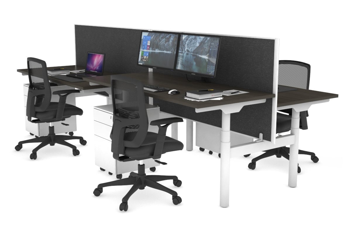 Flexi Premium Height Adjustable 4-Person H Bench Workstation - White Frame [1400L x 700W] - Ergonomic Office Desk for Collaborative Workspaces & Coworking Environments