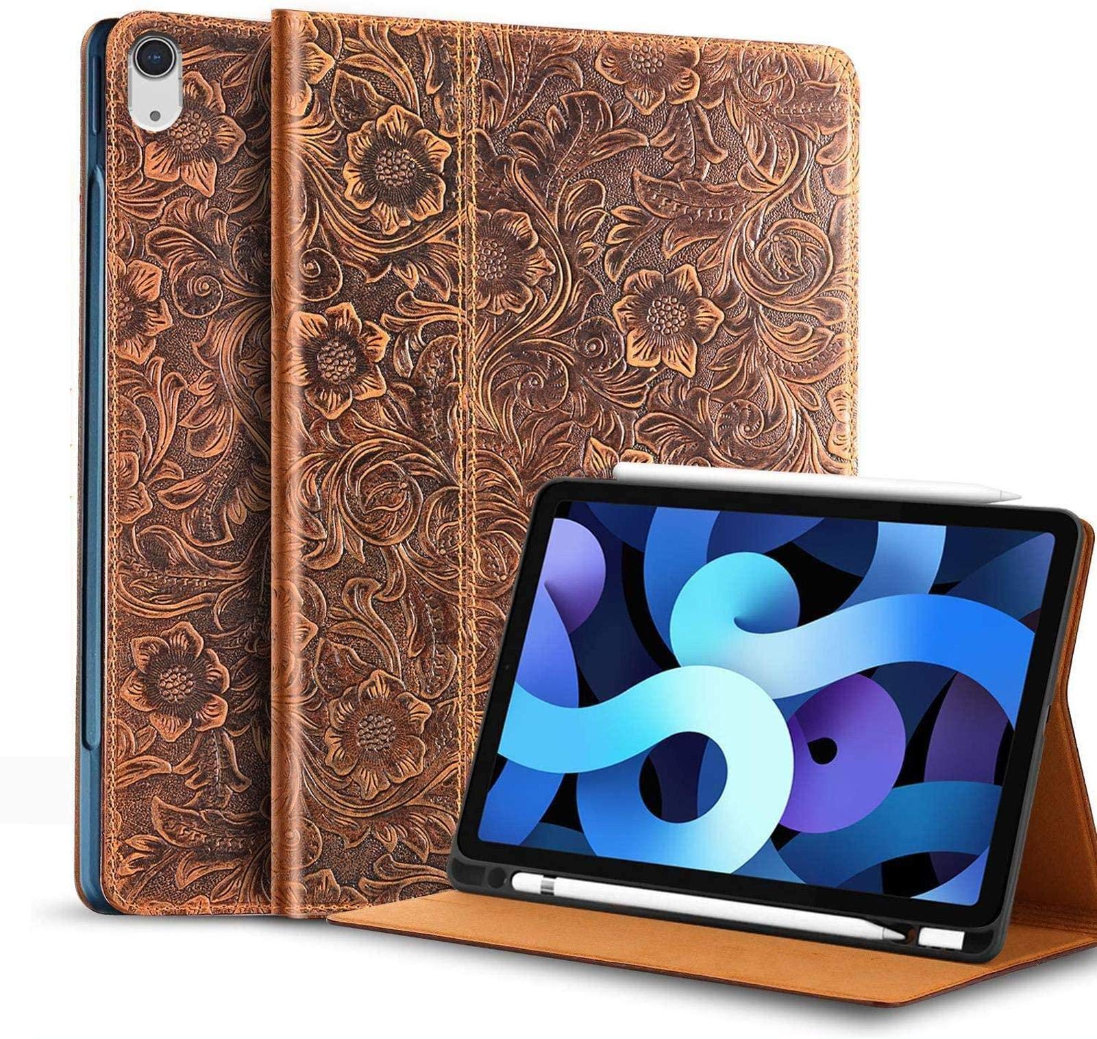 Premium Genuine Cowhide Leather Case for iPad Air 4 (10.9 Inch 2020 Model) with Built-in Apple Pencil Holder - Brown Folio Cover for iPad Air 4th Generation | Perfect for Office, Travel & Home Use