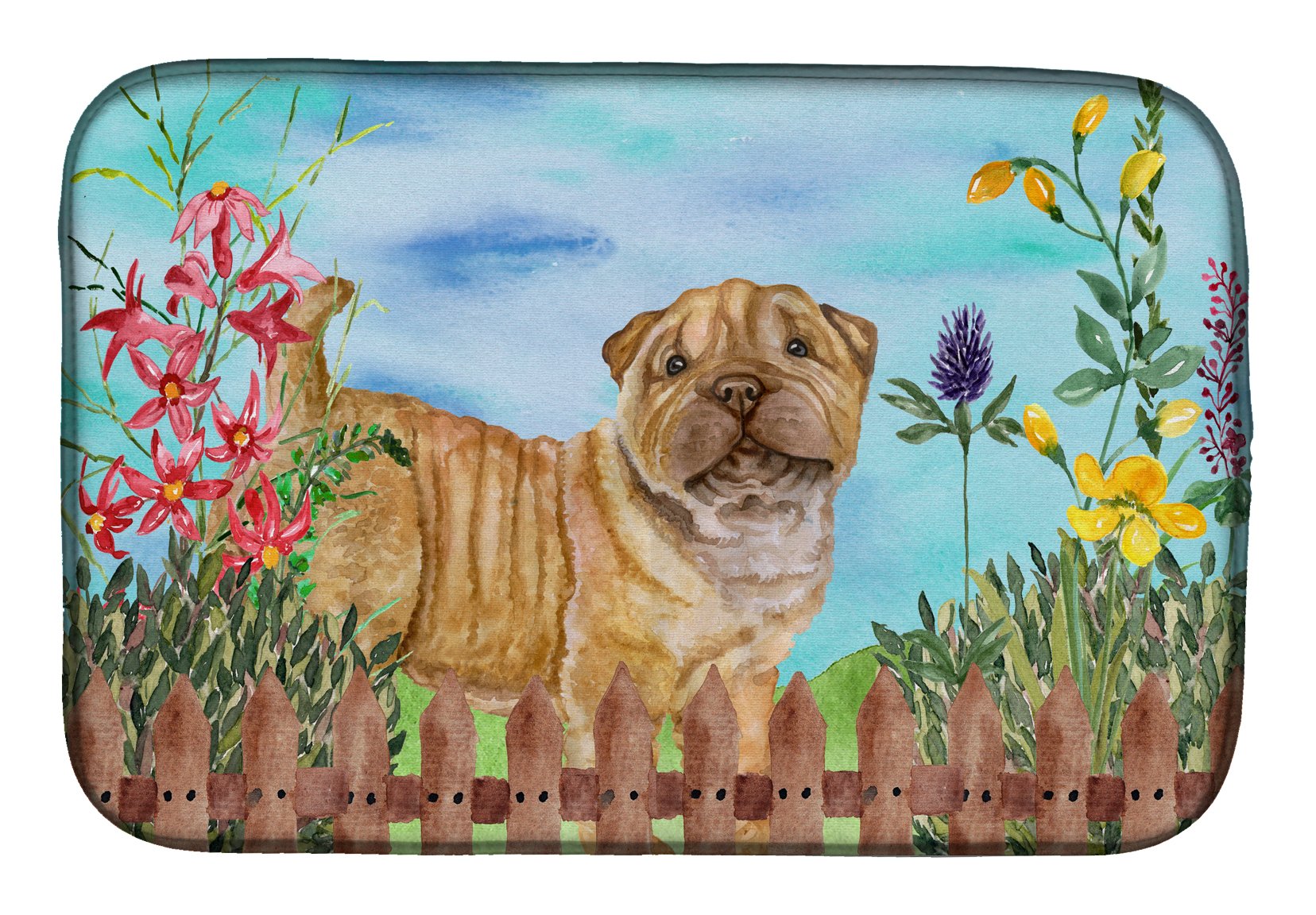 Absorbent Shar Pei Puppy Spring Dish Drying Mat - 14x21 Inch Colorful Kitchen Countertop Pad | Perfect for Drying Dishes, Protecting Countertops & Adding Decor