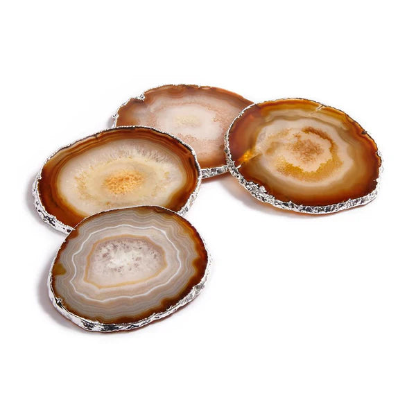 Premium Sand Agate & Silver Coasters Set of 4 - Elegant Drink Coasters for Home Bar, Coffee Table & Dinner Party Protection - Lumino Stone Coasters for Wine Glasses & Cocktails