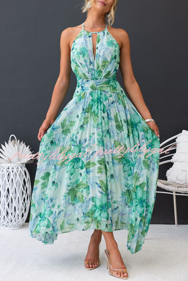 Floral Cutout Neck Pleated Midi Dress - Sunny Forecast Style for Women | Perfect for Summer Parties, Weddings & Beach Vacations