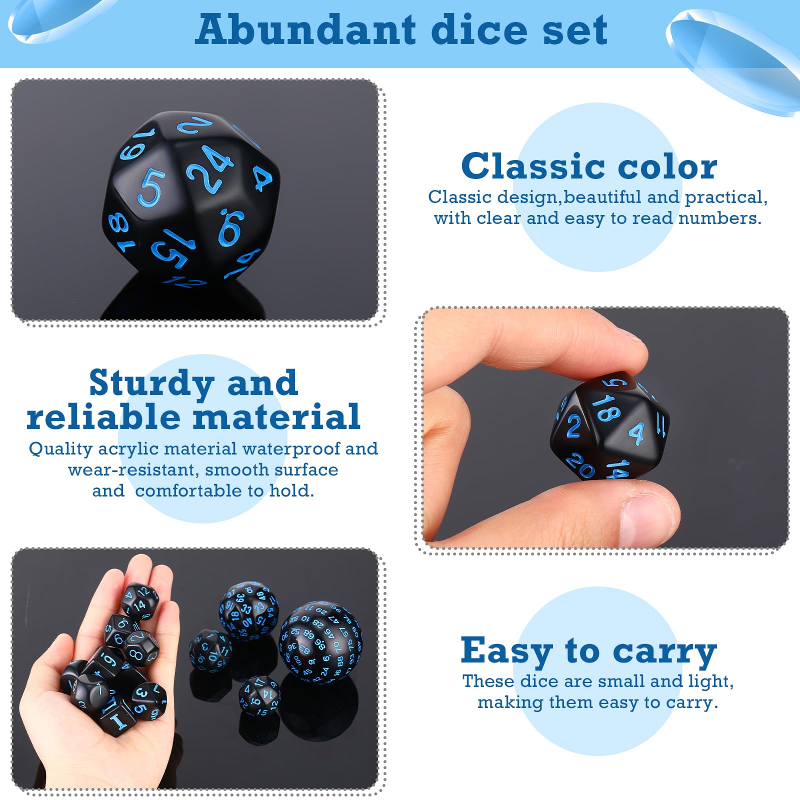 15-Piece Complete Polyhedral Dice Set (D3-D100) - Opaque Black & Blue RPG Dice for Dungeons & Dragons, Pathfinder, MTG - Perfect for Tabletop Roleplaying Games, Board Games & Game Night Parties