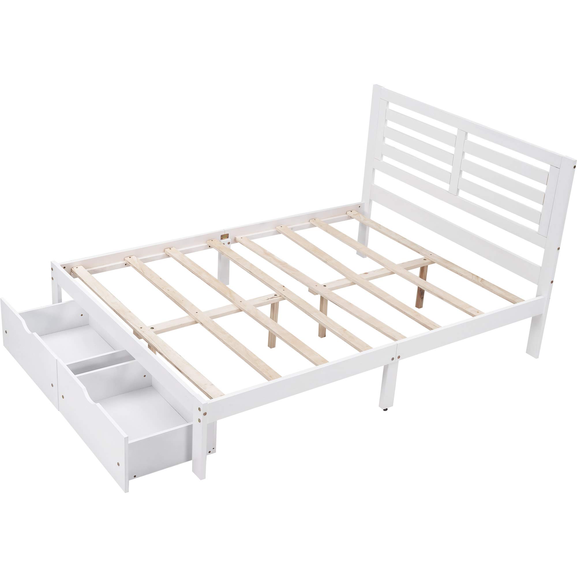 Henf Full Size Platform Bed Frame with 2 Storage Drawers - Solid Wood No Box Spring Needed - Easy Assembly Bed for Kids, Adults, Boys & Girls (White) - Perfect for Small Bedrooms, Guest Rooms & Dormitories