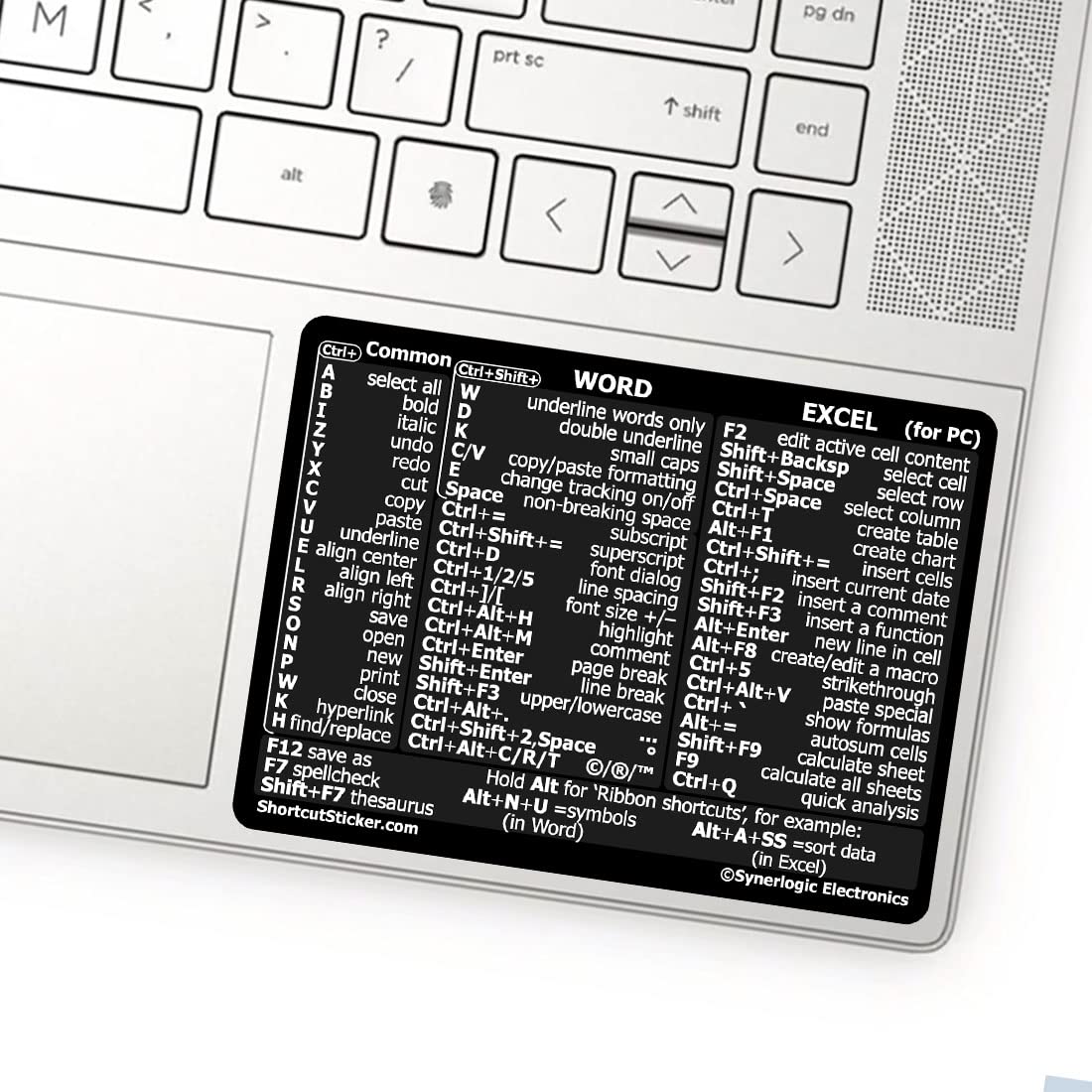 SYNERLOGIC Microsoft Word/Excel Windows键盘快捷键参考贴纸 - 无残留乙烯基材质，黑色小号，适合办公学习高效操作