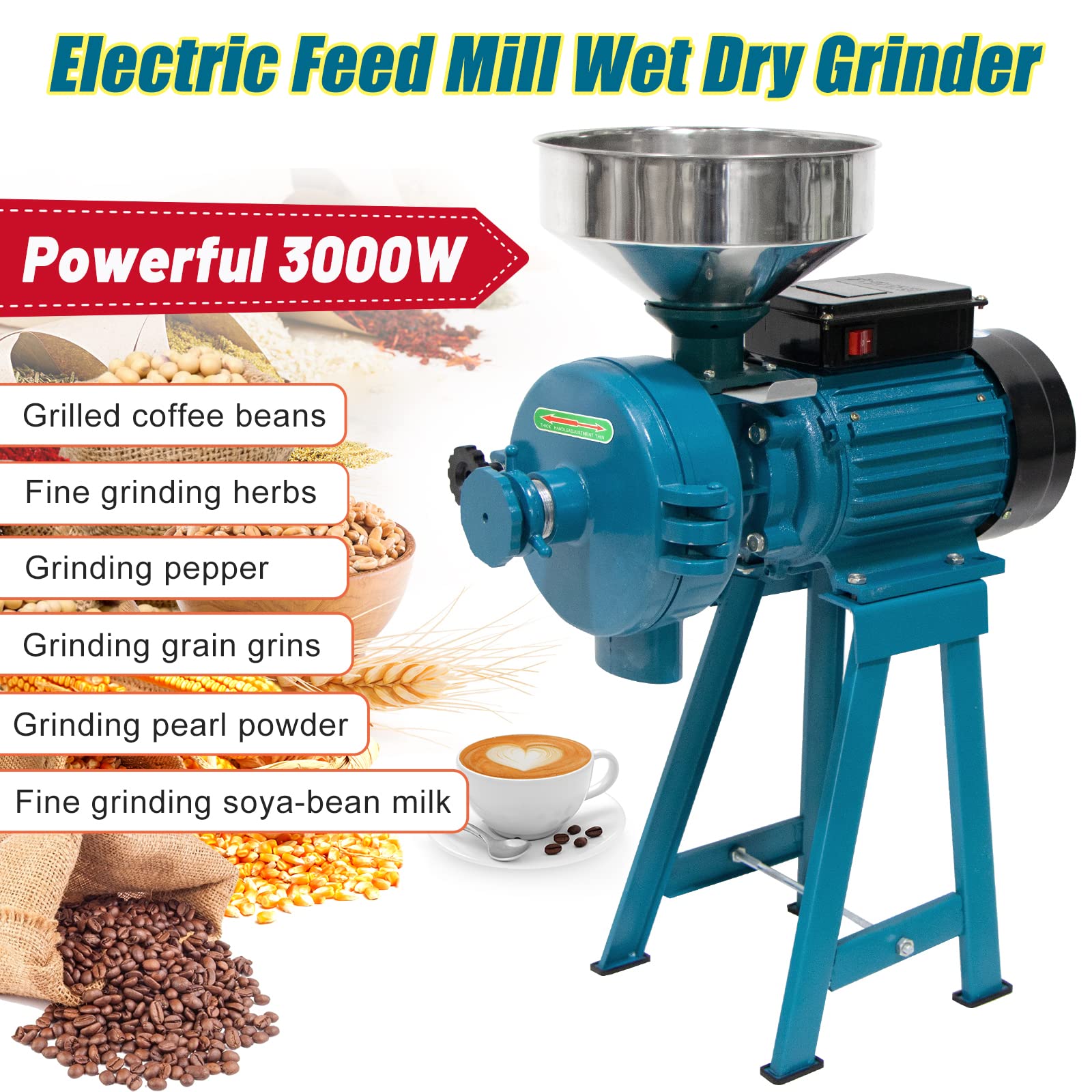 3000W Commercial Electric Grain Grinder - Heavy Duty Wet & Dry Mill for Rice, Corn, Coffee, Wheat - 110V High-Power Cereals Grinder with Funnel - Perfect for Bakeries, Coffee Shops & Home Kitchens
