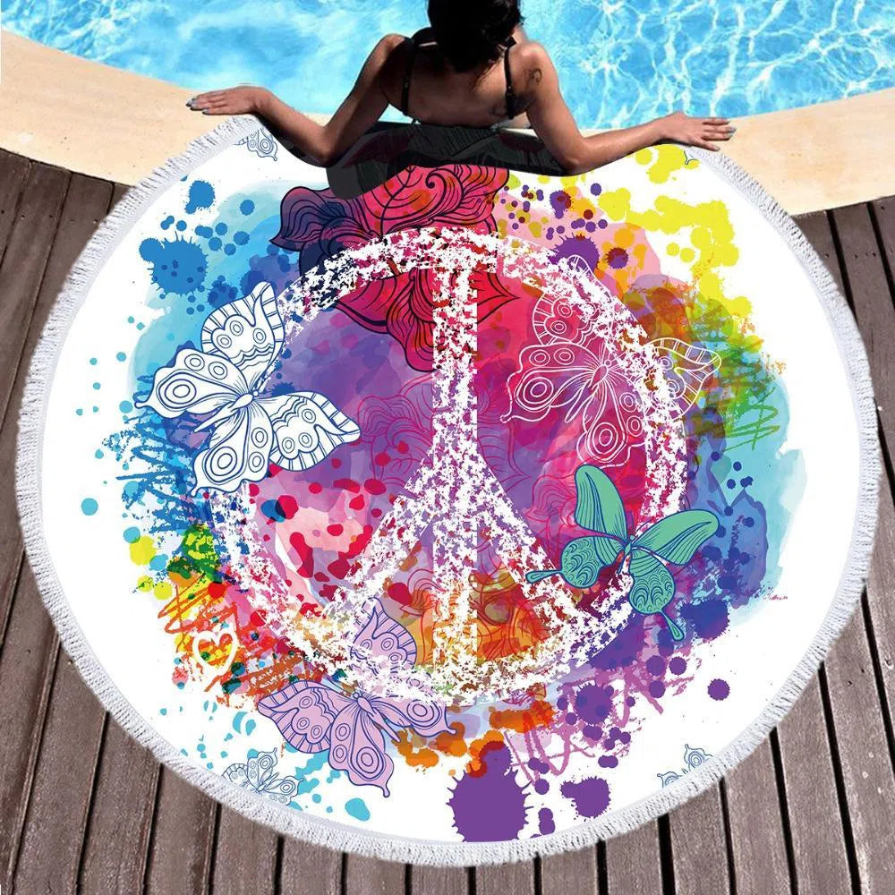 Peace On The Beach Round Beach Towel - Large Soft Sandproof Quick Dry Towel for Pool, Yoga, Picnic & Beach Vacation | Perfect Summer Outdoor Accessory