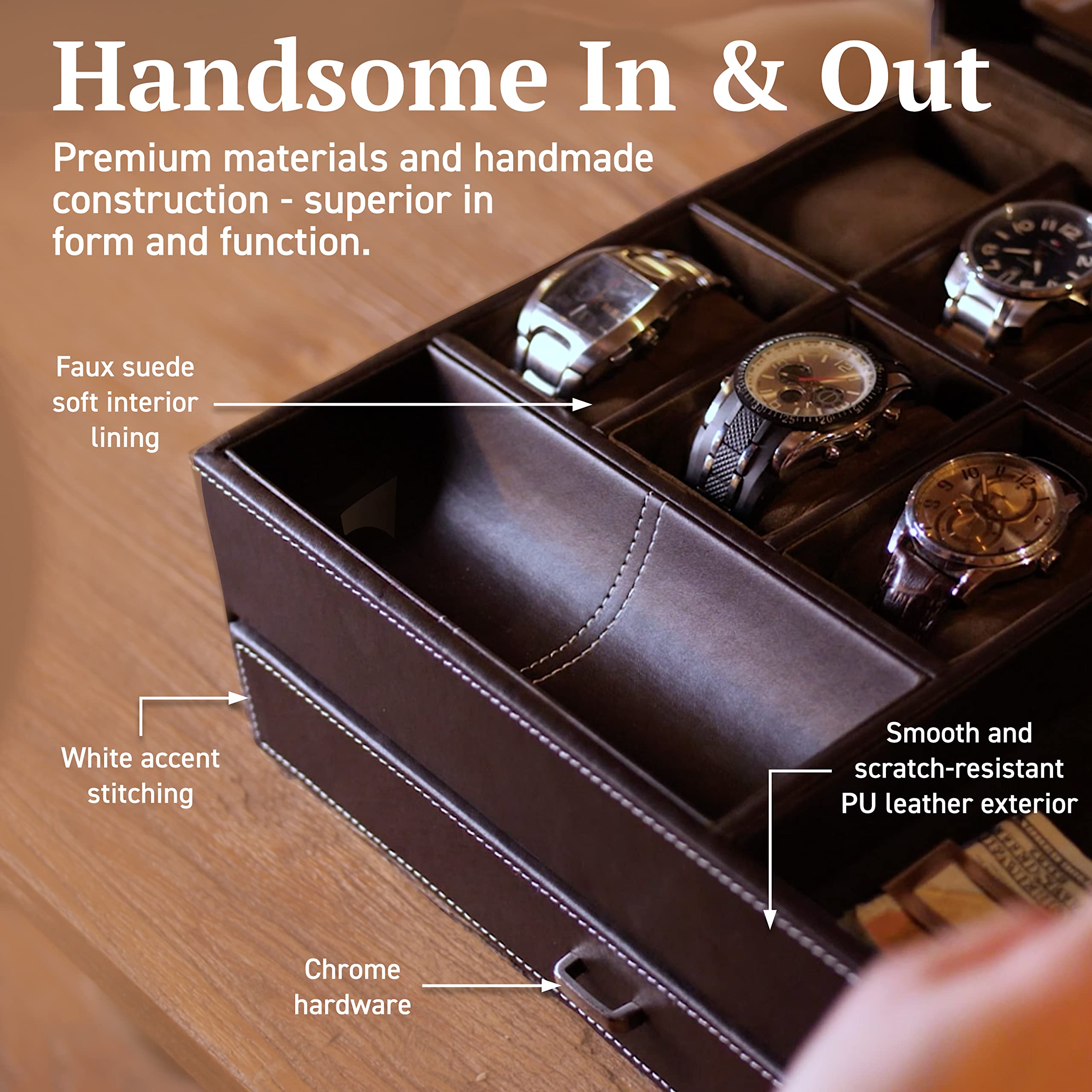 HOUNDSBAY Men's Watch Box & Jewelry Organizer - Display Case & Valet Tray for Nightstand