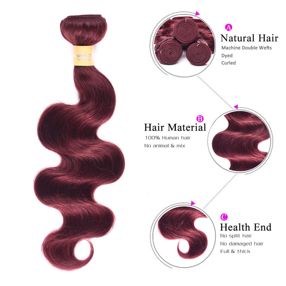 WOME 99J Burgundy Red Brazilian Virgin Human Hair Bundles - 8A Grade Body Wave Hair Extensions (14