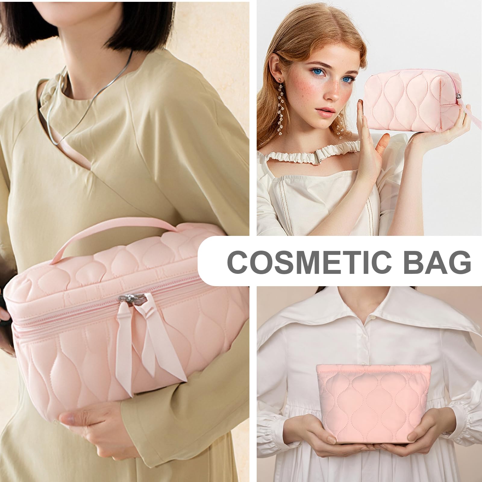 3 PCS Quilted Makeup Bag Set - Small Medium Large Cosmetic Organizer for Women & Girls, Cute Puffy Travel Toiletry Bags in Pink - Perfect for Travel, Gym, and Daily Beauty Storage