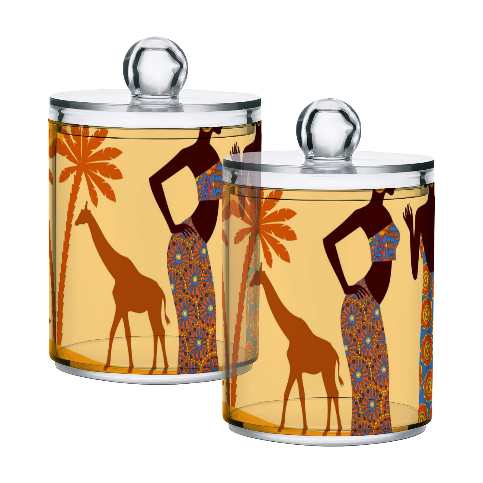 Vintage African Savannah Afro Black Woman Ethnic Giraffe Elephant Plastic Storage Jars with Lids - Set of 4 Translucent 10oz Food Containers for Tea, Cookies, Cotton Swabs & Canning | Kitchen Pantry Organization & Home Decor