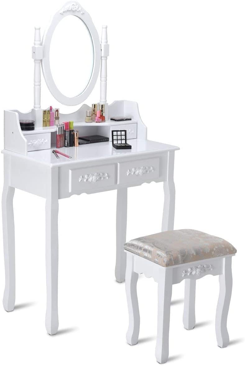 MAT EXPERT White Vanity Table Set with 360° Rotatable Mirror - Multifunctional Dressing Table with Cushioned Stool, Makeup Organizer Dresser with Mirror & 4 Drawers - Modern Bedroom Vanity Set for Makeup, Skincare & Jewelry Organization (Perfect for Small Spaces & Home Decor)