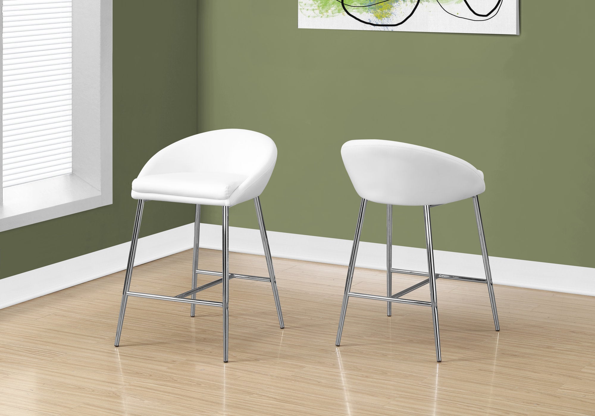 Modern White Counter Height Stools with Chrome Base - Set of 2 Bar Stools for Kitchen Island, Breakfast Nook & Home Bar Seating