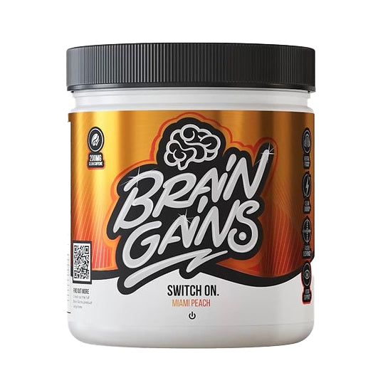 Brain Gains Switch On Miami Peach 225g - Premium Nootropic Energy Supplement for Focus & Mental Clarity | Boost Productivity, Study & Work Performance