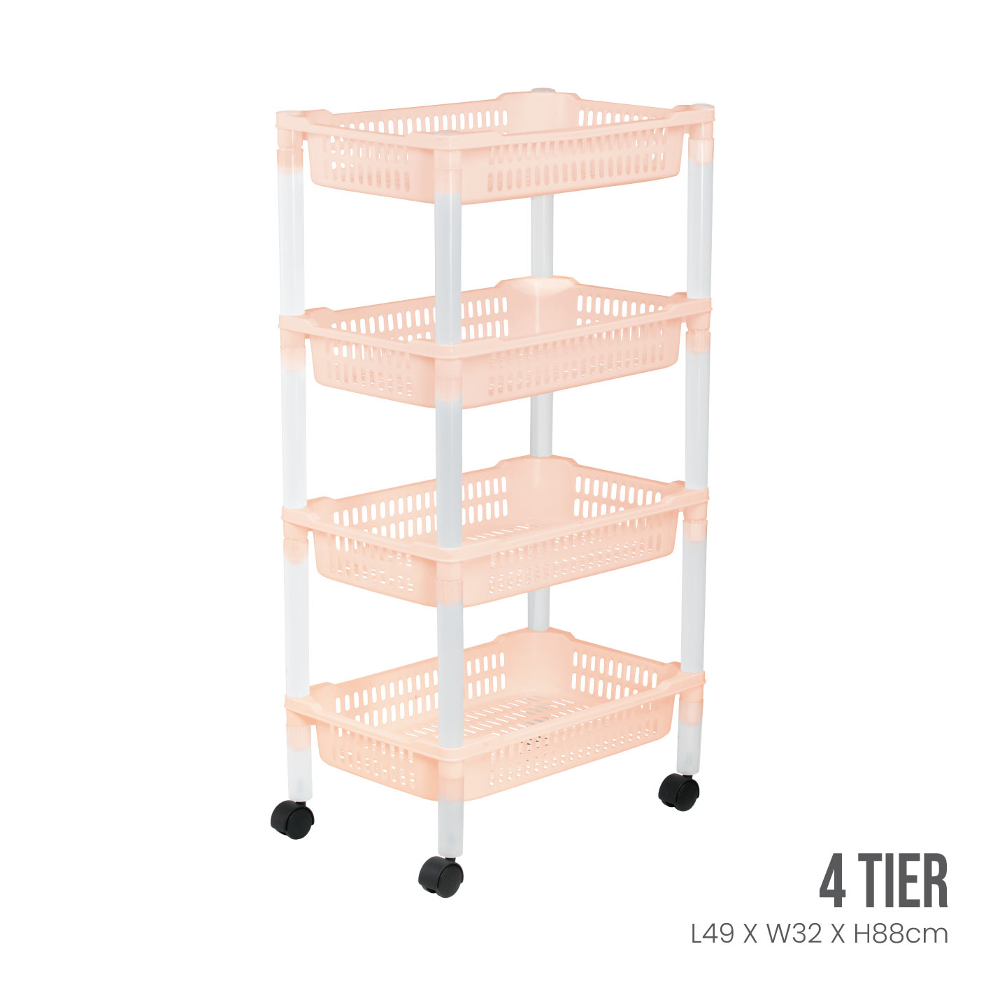 4 Tier Rolling Storage Cart with Wheels - Foldable Metal Utility Basket Organizer for Kitchen, Bathroom, Office, or Garage Use