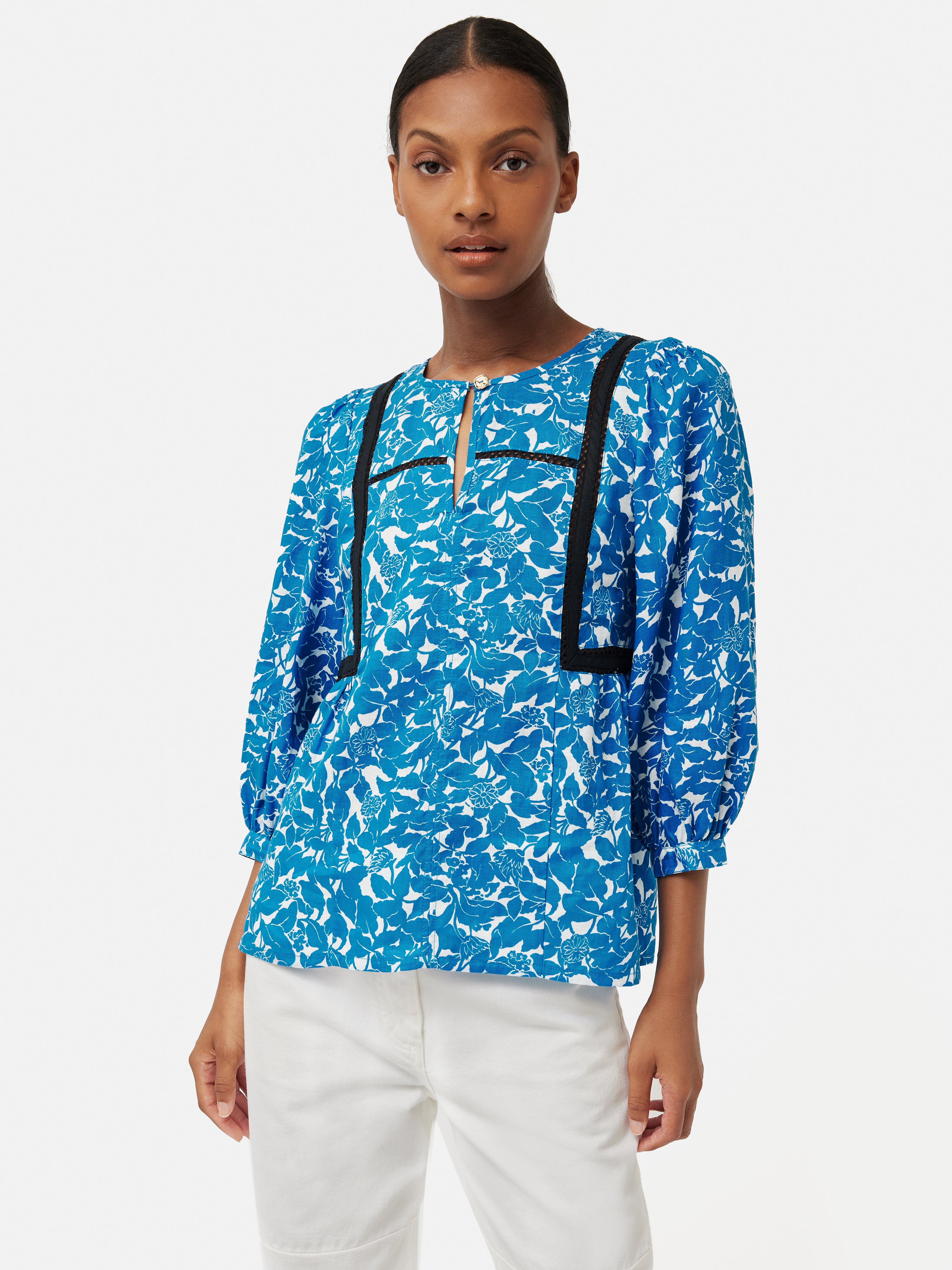 Shadow Leaf Linen Top for Women - Soft Breathable Blue Summer Blouse - Perfect for Beach Vacations, Date Nights & Casual Outings