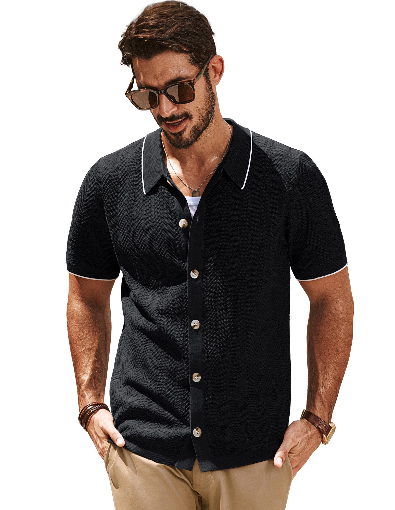 Men's Textured Short Sleeve Cardigan with Lapel Collar - Button Up Knit Sweater for Casual Wear & Spring Layering