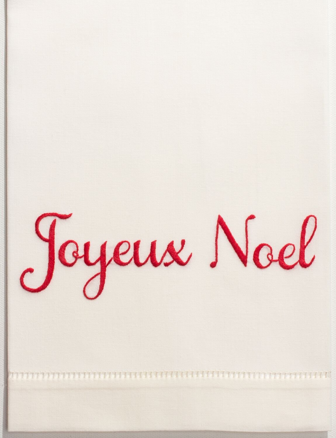Set of 2 'Joyeux Noel' Hand Embroidered Cotton Hand Towels - 100% Ivory Cotton, Hemstitched by Hand - Perfect for Christmas Decor & Guest Bathrooms