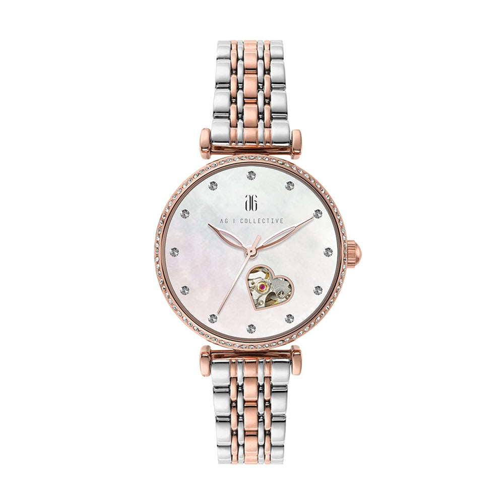 AG Collective L 5043 Series Women's Open Heart Watch with 12 Stones - Stainless Steel Strap for Casual, Office & Special Occasions