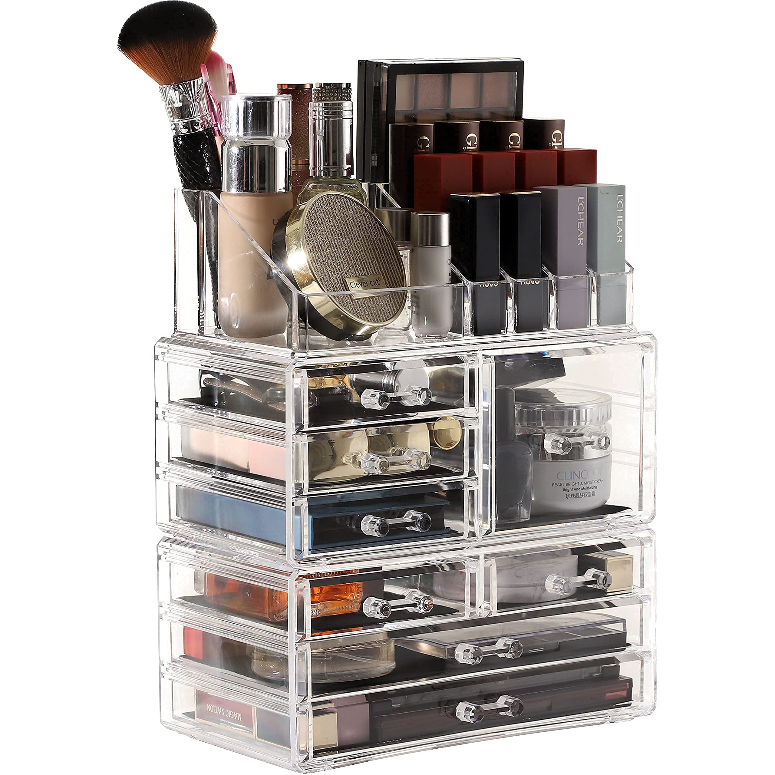 3-Pack Clear Acrylic Makeup Organizer with 8 Stackable Drawers - Countertop Vanity Storage for Jewelry, Hair Clips & Beauty Products - Perfect for Dresser, Desk & Bathroom Organization