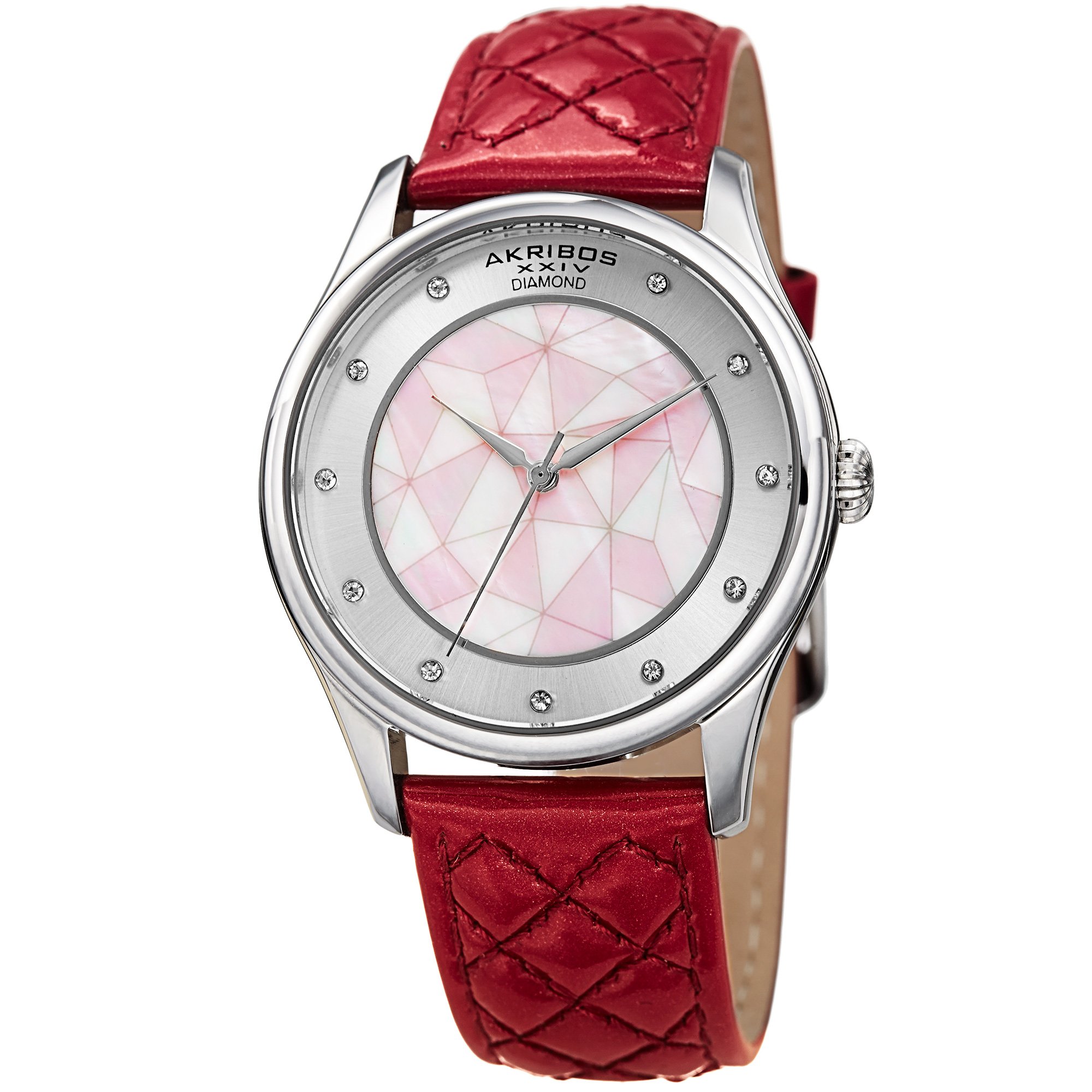 Akribos XXIV Women's Mother-of-Pearl Watch with 11 Diamond Hour Markers - Mosaic Dial & Genuine Leather Strap - Elegant Dress Watch for Business, Parties & Special Occasions - Model AK925