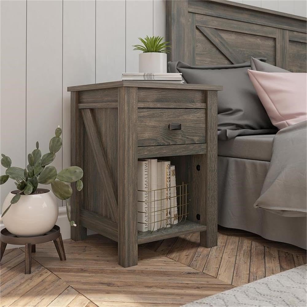 BOWERY HILL Weathered Oak Nightstand with 1 Drawer - Compact Bedside Table for Small Spaces, Bedroom Furniture with Storage