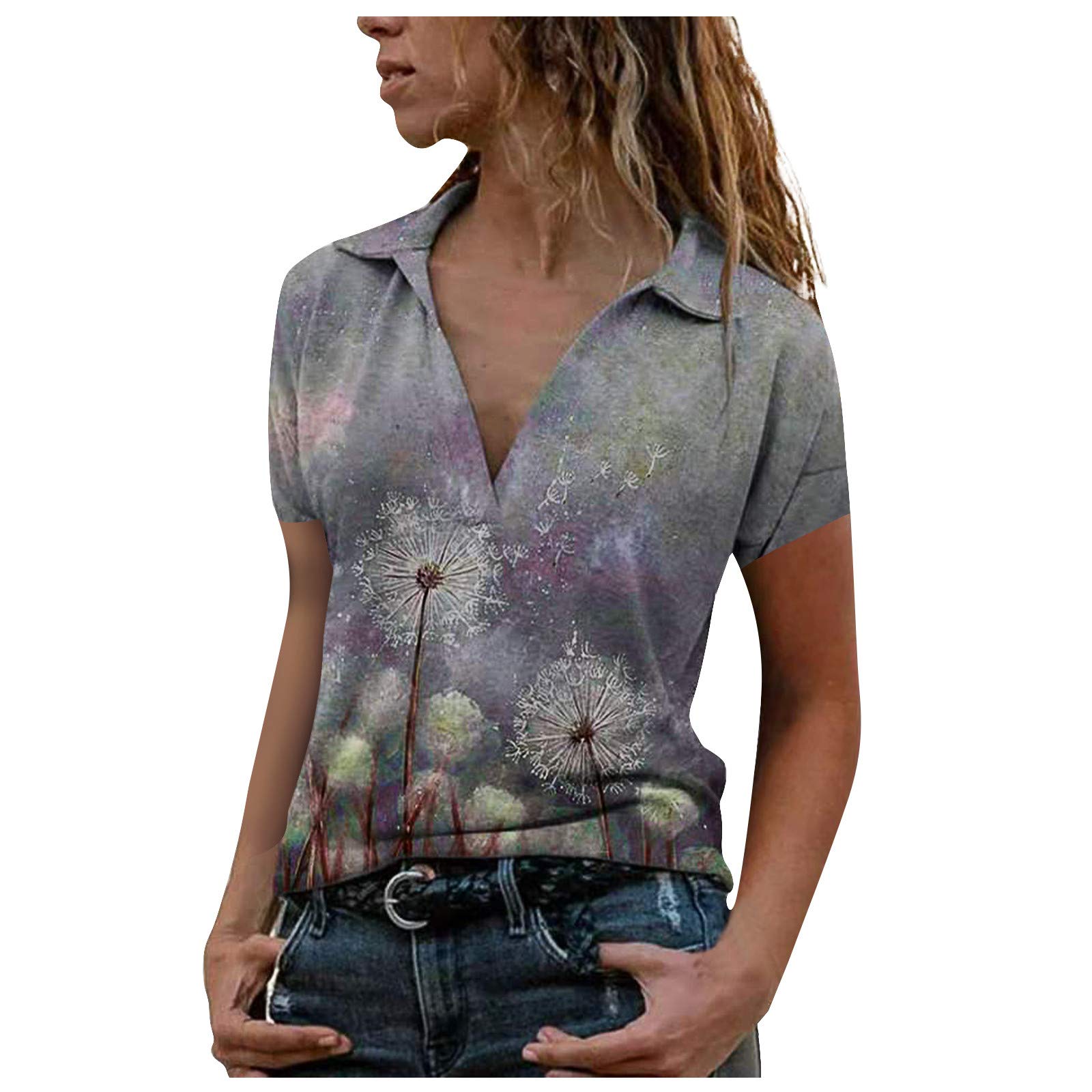 Women's Dandelion Print V-Neck Tunic Tops - Plus Size Summer Casual Shirts for Women | Perfect for Beach Outings, Date Nights & Everyday Wear