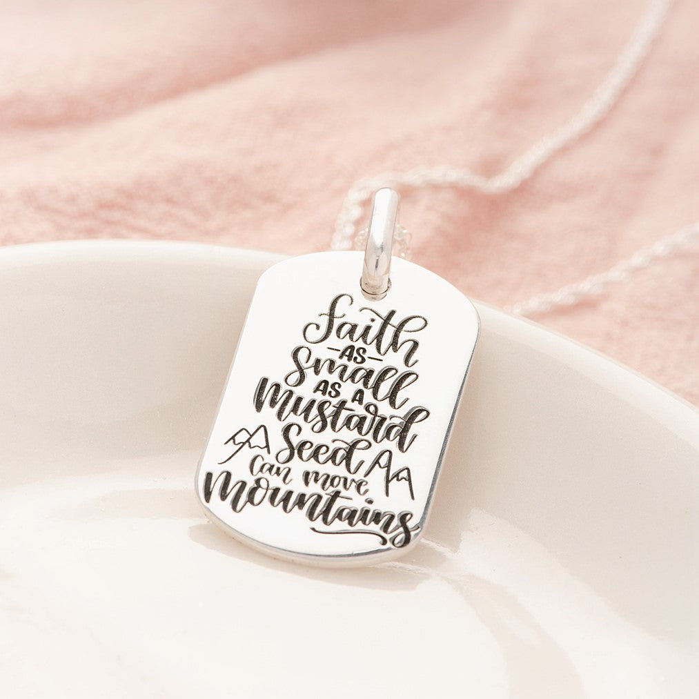 Sterling Silver Dog Tag Pendant Necklace with Matthew 17:20 Bible Verse - Mustard Seed Faith Inspirational Jewelry for Women & Men - Perfect for Daily Wear, Gifts & Religious Occasions